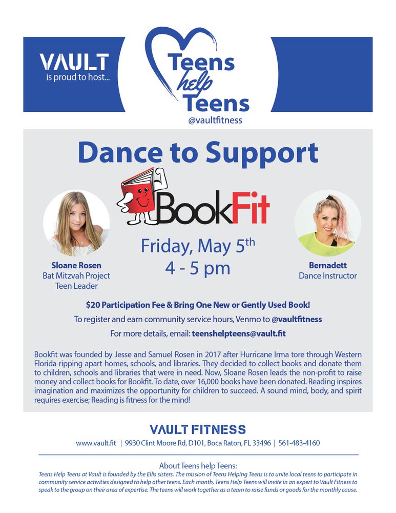 Flyer for the Dance to Support BookFit fundraiser at Vault Fitness